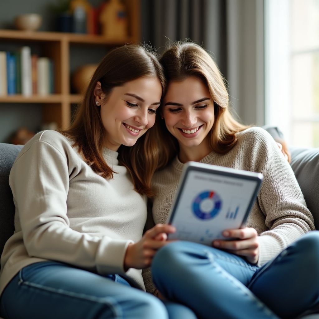 Una pareja joven revisando sus finanzas en una tableta