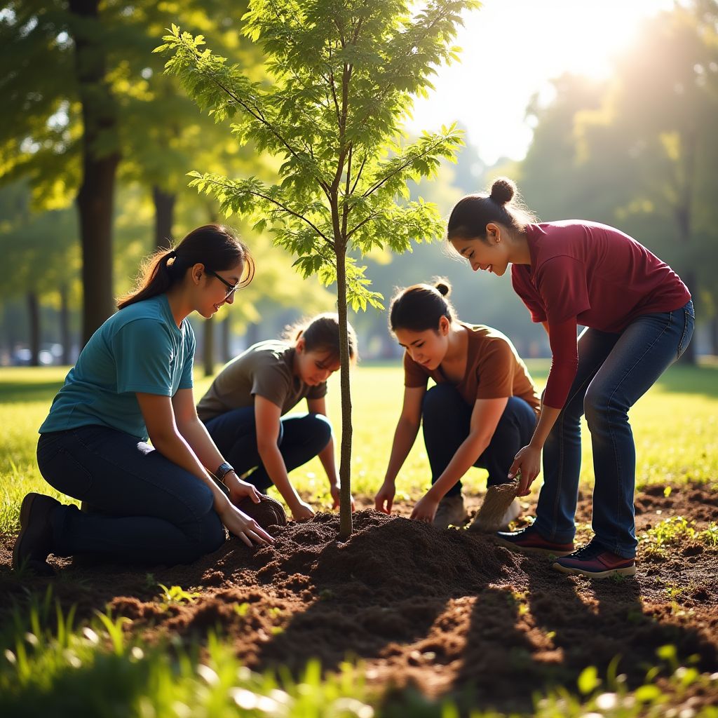 Un grupo diverso de personas trabajando juntas en un proyecto comunitario de plantación de árboles.